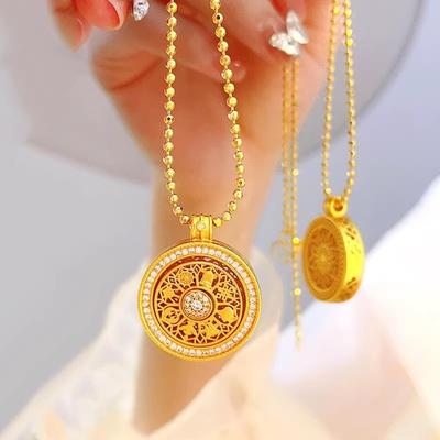 24k Gold Plated Necklace Women Vintage Sand Gold Eight Treasures Compass Pendant Retro Hollow Out Chain