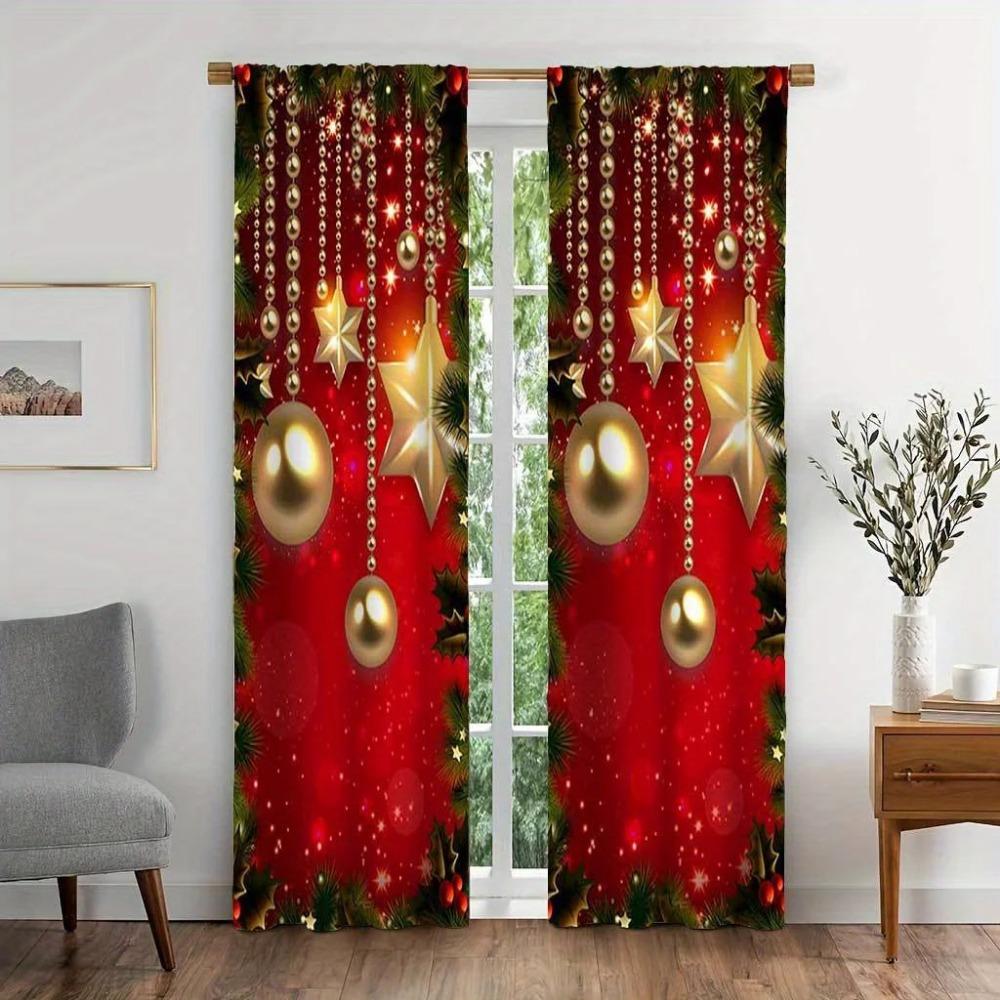 Festive Christmas Printed Drapes Vintage Design Machine Washable Artistic Style  for Livingroom Space Bedchamber Rod Pocket Easy to Hang