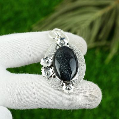 Natürlicher Nellite Edelstein Anhänger Schwarz 925 Sterling Silber Indischer Schmuck