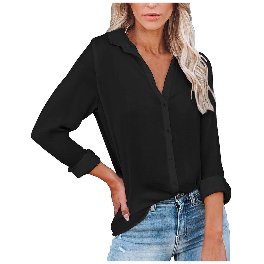 Women's Fashion Casual Buckle Long Sleeve Sleeve Slit Shirt Tops Solid Color