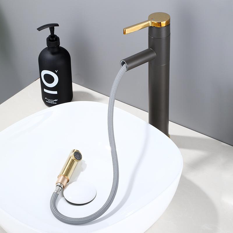 Grayish Gold Platform Basin Pull Type Faucet In the Bathroom Rotating Telescopic Washbasin Gun Grey Washbasin Cold and Hot Tap