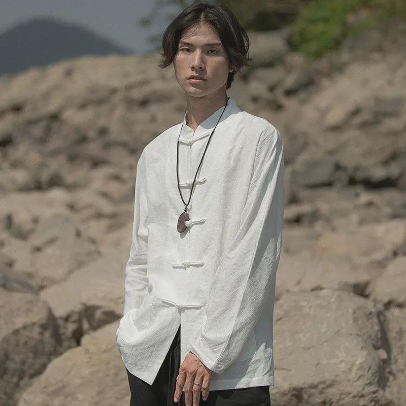 Men's Retro Chinese Style Linen Stand Collar Long Sleeve Shirt