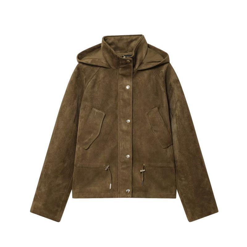 

Women s Fashion Casual Stand Collar Suede Effect Hooded Jacket L темно-коричневого кольору