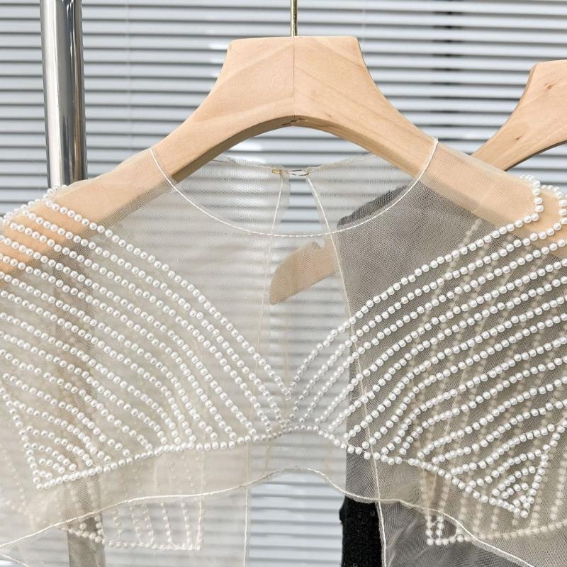 Japanese Women Girl Fake Collar Shawl Scarf Faux Pearls Beading Vintage Shoulder Wrap Sheer Organza Half Shirt Poncho