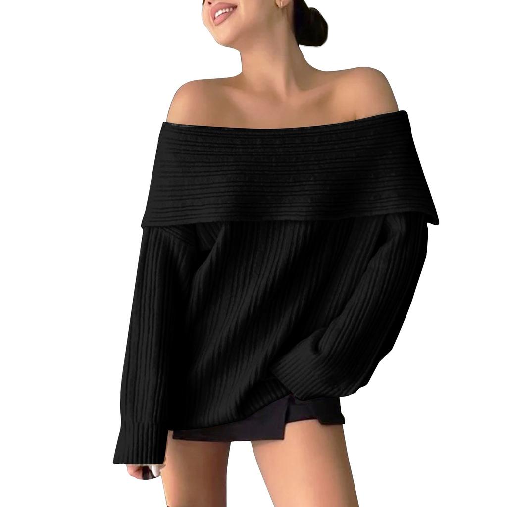 Women's Sweater Line Neck Off-the-shoulder Sweater Solid Color Loose Top