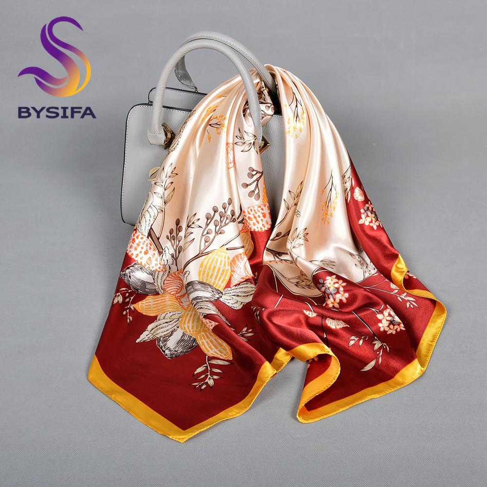 BYSIFA| Blue Floral Silk Scarf Hijab Ladies Fashion Sweet Square Spring Summer Scarves Fouldard Fall Winter Square Satin Scarves