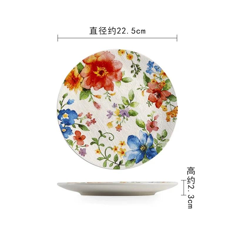 Creative Exquisite Flower Ceramic Plate Home Circular Afternoon Tea Cake Dessert Tray Delicious Dishes Large Soup Bowl Tableware