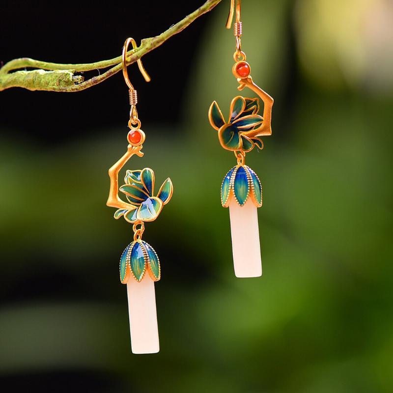 Natural Hotan Jade Enamel Flower Earrings for Women Exquisite Chinese Style Classical Cheongsam Hanfu Jewelry Accessories