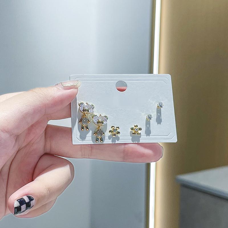 ANENJERY Schöne Zirkon Bär Blume Ohrstecker Weibliche Kreative 6-teiliges Ohrring Set