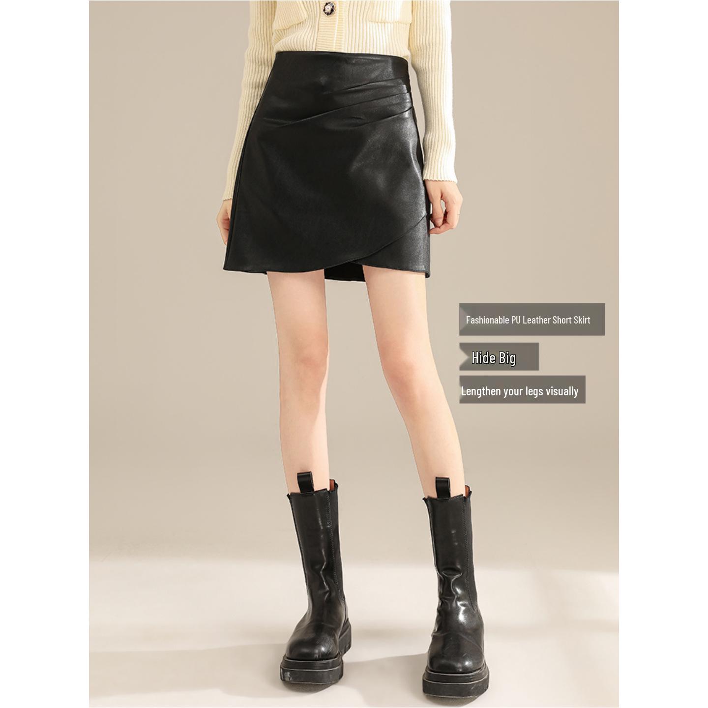 

Brown PU Pleated High-Waist Mini Skirt for Women: Slimming Hip-Hugging A-Line, Versatile for Autumn 2025 XL