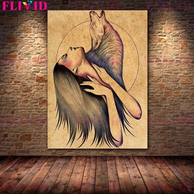 Wolf Woman And And Moon Wicca Vintage Wall Art Canvas Painting Daughters Of The Moon Art Poster And Print Home Decor No Frame