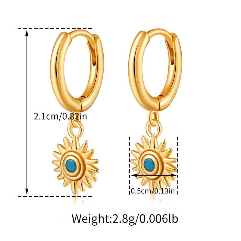 Vintage 18k Gold Plated Sun Design Turquoise Copper Clip Earrings Retro Jewelry For Women