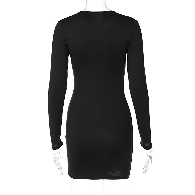 Vestido da moda sexy europeu e americano para mulheres na primavera e verão, com zíper no peito, decote V, mangas compridas, que molda o quadril