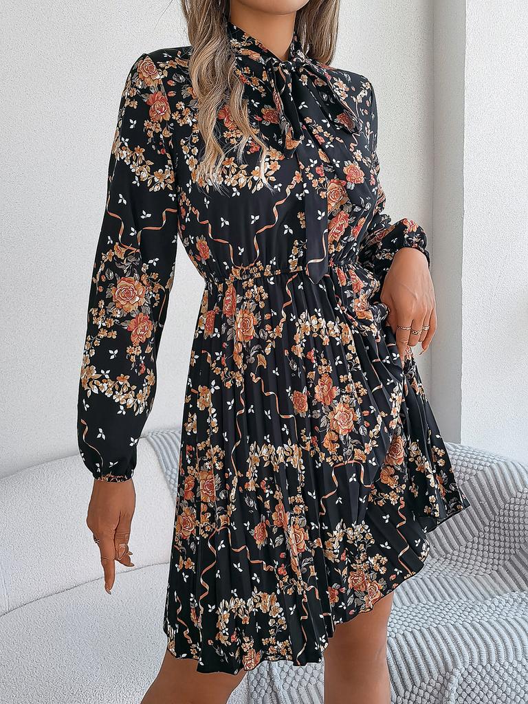 Elegant Floral Lace Up Waist Long Sleeve Pleated Midi Dress For Women