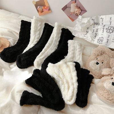 Female Autumn and Winter Plus Velvet Thick Solid Color Lovely All Kinds of Home Warm Floor Month Long Socks