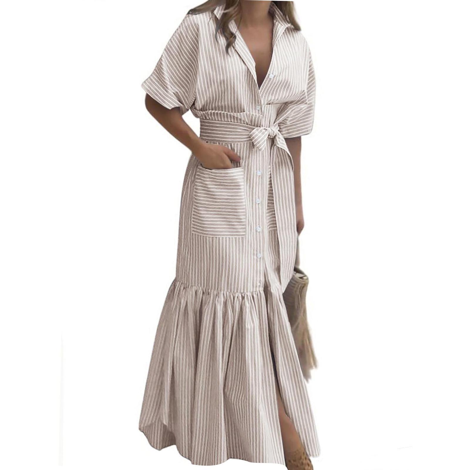 Женская модная полосатая воротничковая короткорукавная карманная на пуговицах с ремешком свободная длинная рубашка-платье XXL верблюд