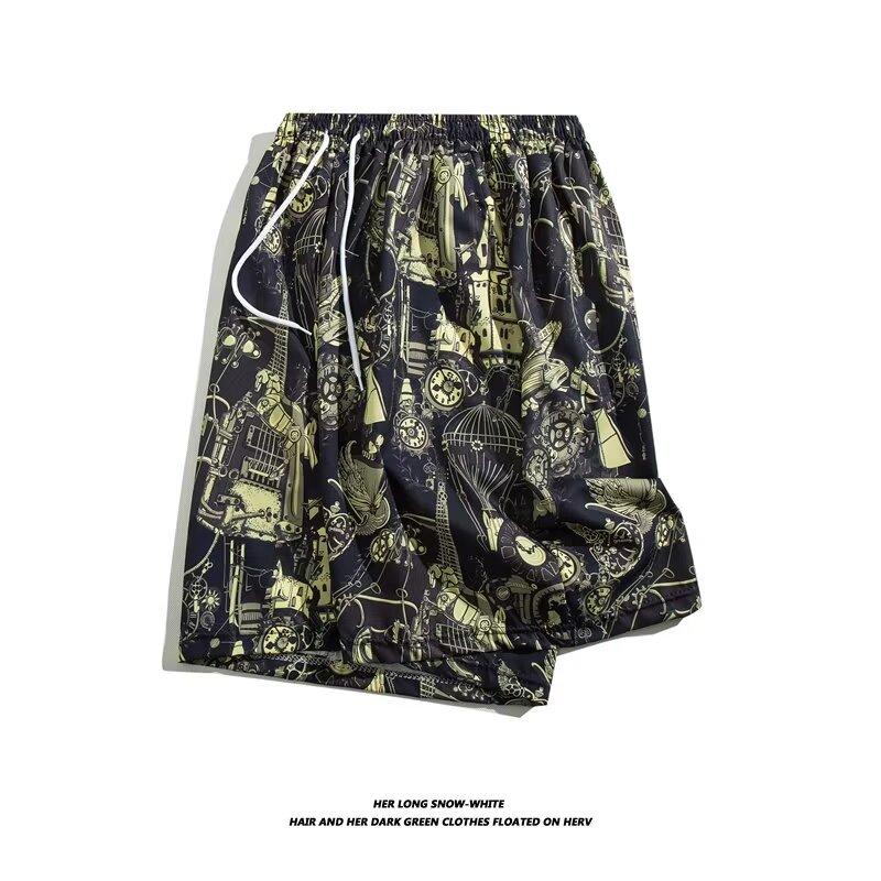 Ice Silk Cool Havajské plážové šortky Pánské letní tenký design japonské retro americké trendy značka ležérní pětičtvrteční kalhoty