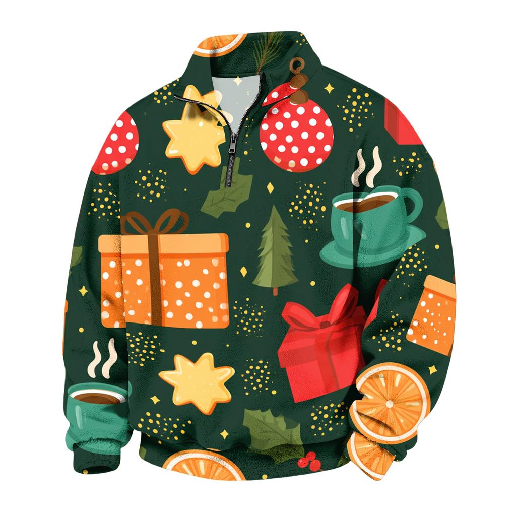 Men's Casual Flannel Quarter-Zip Long Sleeve Sweatshirt with Christmas Print