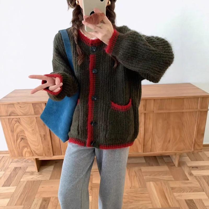 Autumn and winter new retro lazy wind knitted cardigan women's contrasting colors versatile loose soft waxy sweater jacket