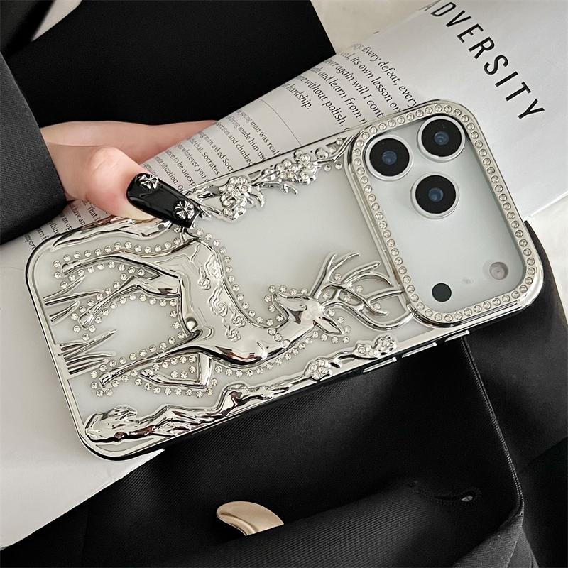 Women Girl's Glitter Diamond Elk Phone Case For iPhone 17 Air 12 13 14 15 16 17 Pro Max Transparent Plating Soft Silicone Cover
