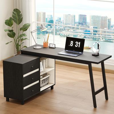 150 X 100 X 76 Cm L-shaped Desk with Three Drawers, Two Open Storage Compartments, Steel Tube Legs, Spacious Desktop, Black-White.