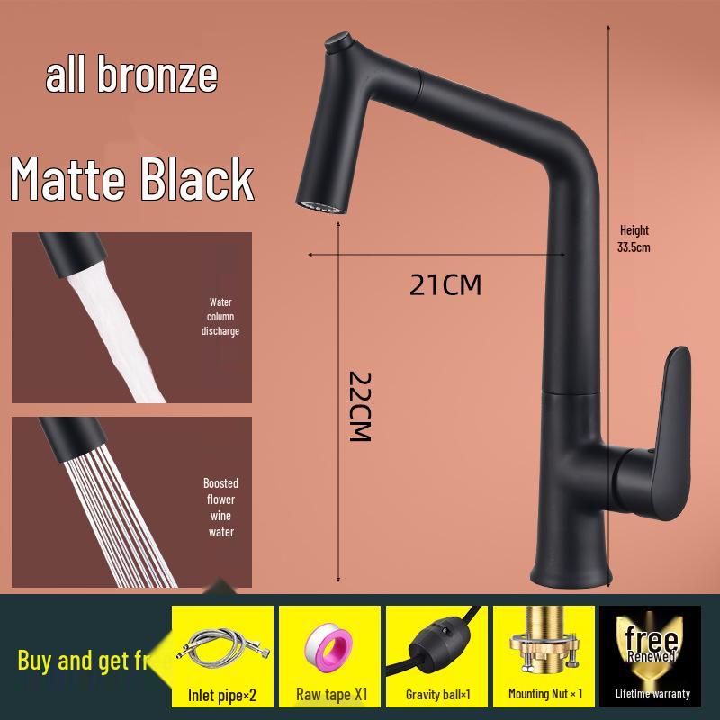 All-Copper 360° Rotating Anti-Splash Pull-Out Kitchen Faucet, Dual Hot/Cold Function, Pressurized & Thickened for Home Use.