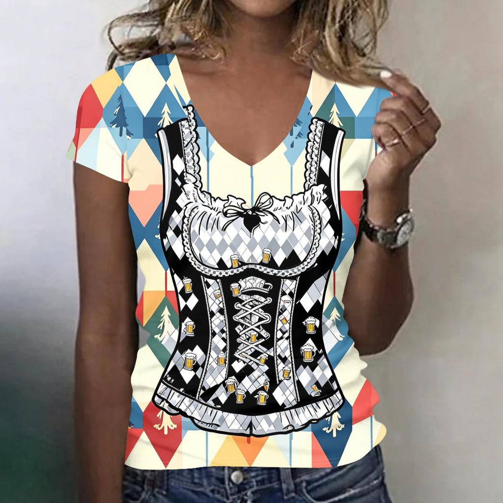 Women's Casual V Neck Short Sleeve T Shirt Oktoberfest Print Top Lightweight Comfortable Summer Tee for Everyday Wear