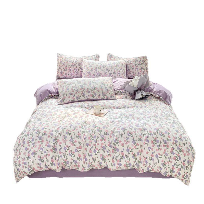 Class A Small and fresh 100% washed cotton 4pcs set, pure cotton polished quilt cover, single bed hat, student dormitory three 4-piece set