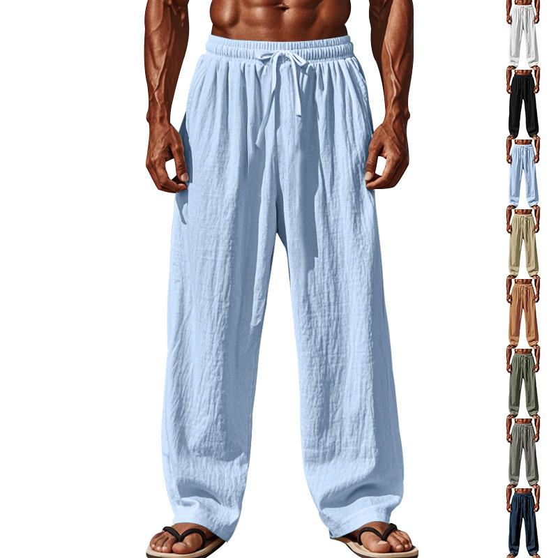 New Cotton and Linen Loose Men's Large Size Loose Solid Color Casual Lace-up Trousers