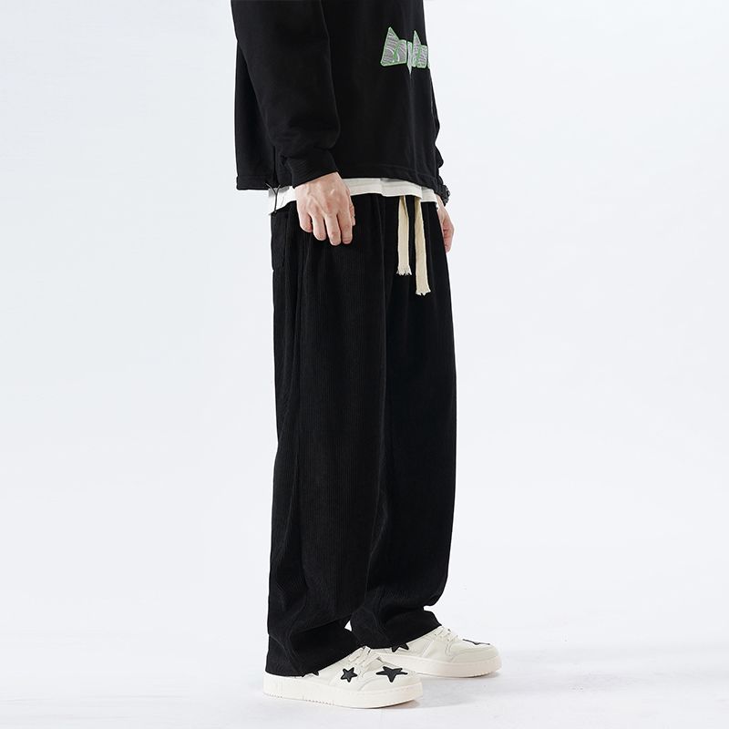 Winter Korean Fashion Versatile Corduroy Straight Pants Men Solid Drawstring Pocket Trendy Loose Sports Casual Wide Leg Trousers
