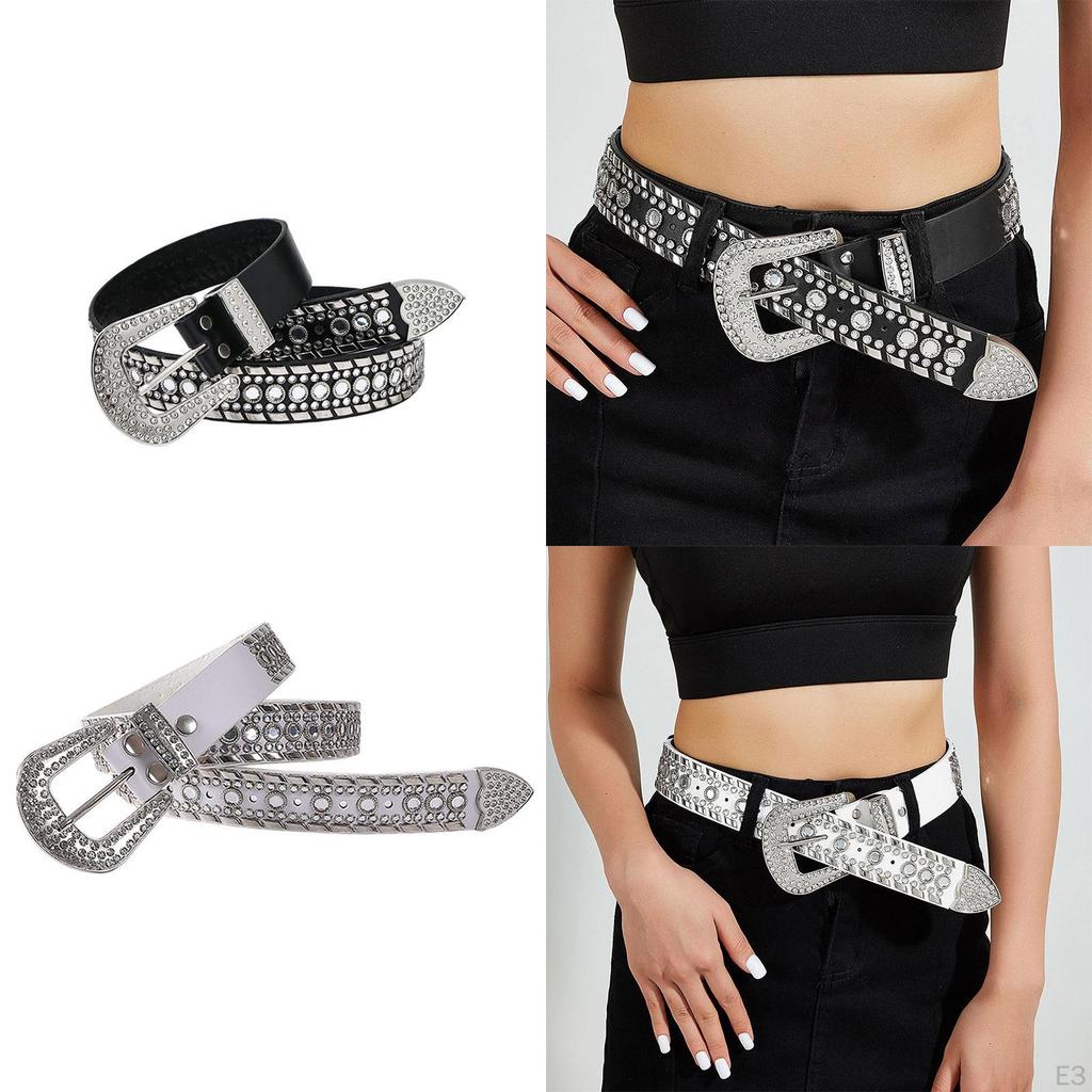 Rhinestone Waist Belt for Women Western Cowgirl Thin Metal Tooth Buckle PU Leather