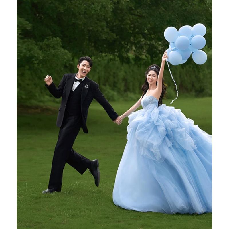 Evening dress Super fairy temperament Celebrity light luxury high sense Blue student day adult ceremony Art test public skirt annual meeting