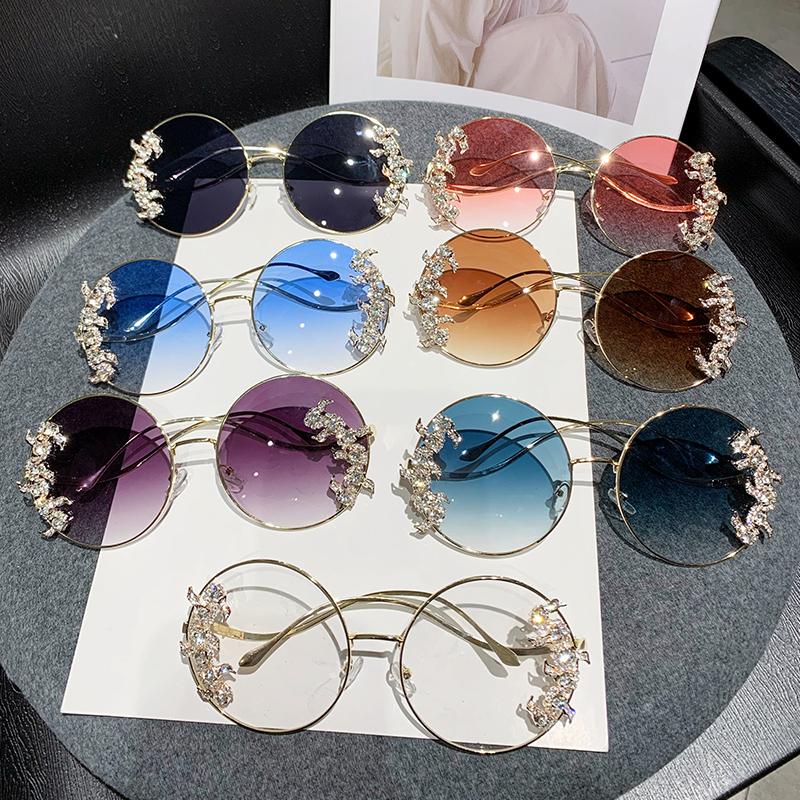 New Rimless Cut Edge Diamond Sunglasses Fashion Round Rhinestone Sunglasses Wave Design Mirror Leg Glasses
