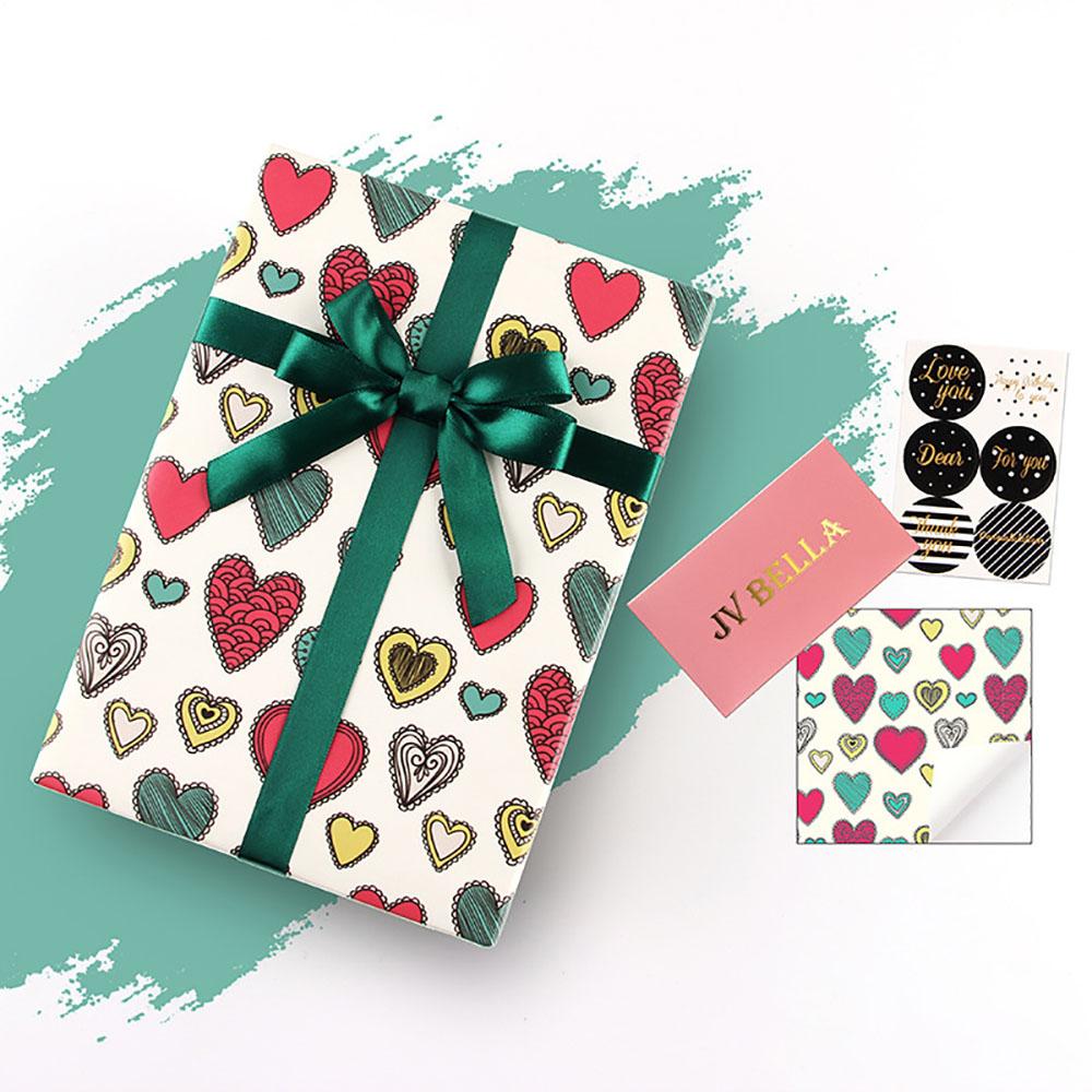 Valentines Day Gift Wrapping Paper Set Heart Printed DIY Craft Paper with Ribbons Stickers for Wedding Birthday Party Gift Decor