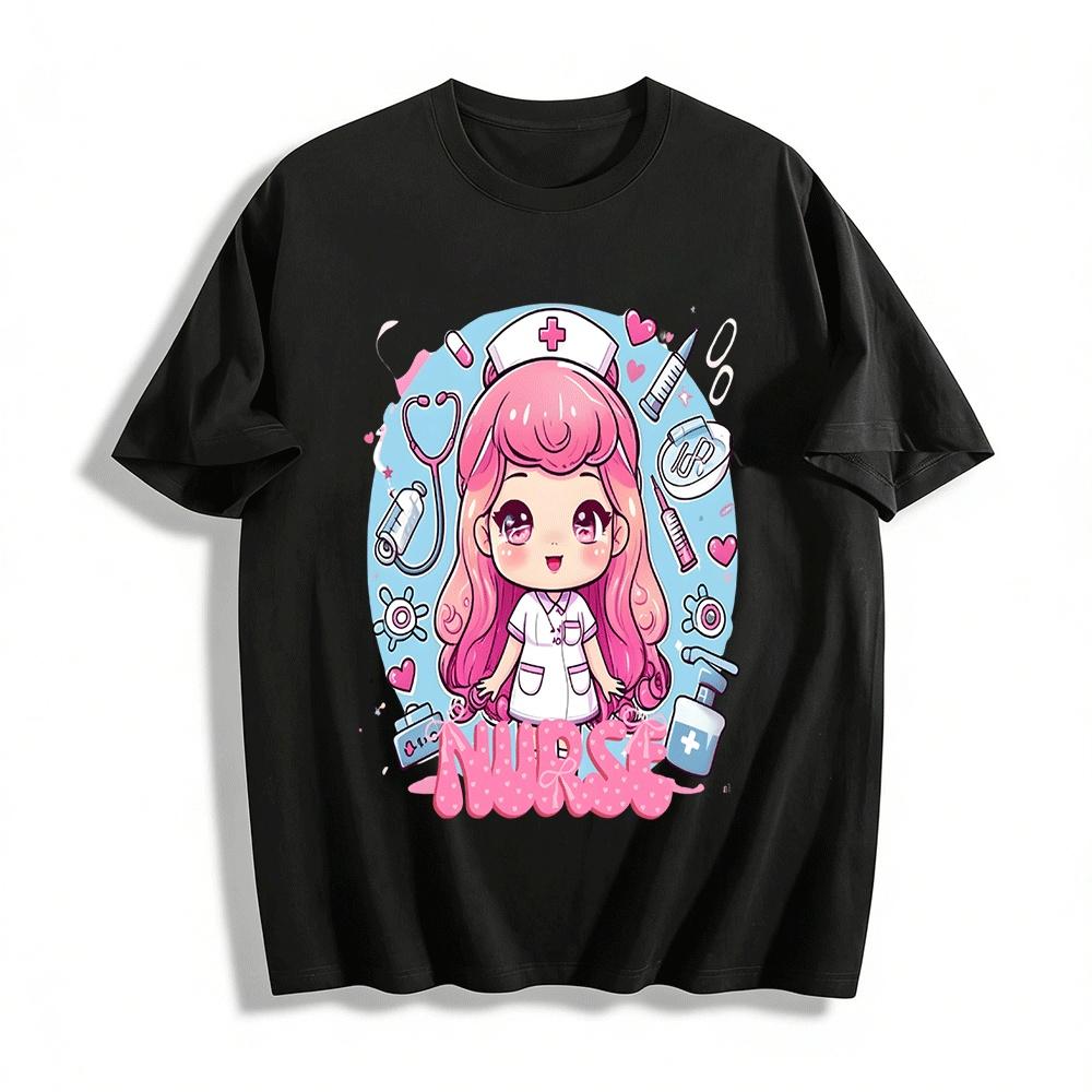 Cute Nurse Themed Printed Casual Tshirt Loose Fit Top For Women Pure cotton T-shirt XXS