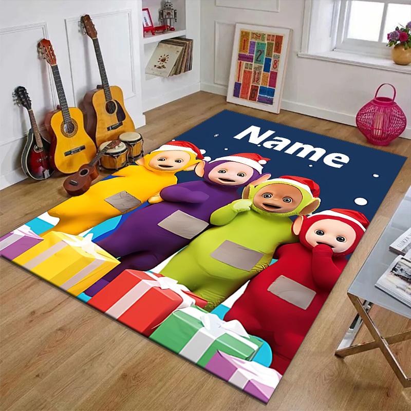 Custom Teletubbies Mat Personalized Name, Polyester Washable Indoor Entryway Rug, Gift for Christmas, Easter, Thanksgiving Day