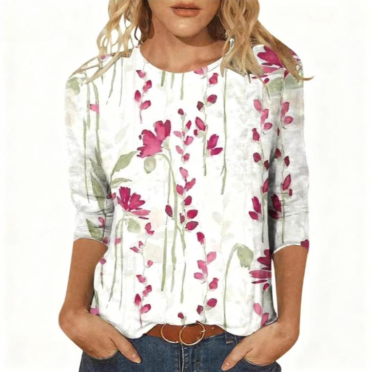 Kevadised ja sügisesed ümara kaelusega 3D lilledega trükitud topid, moekad vabaaja pikkade varrukatega naiste T-särgid