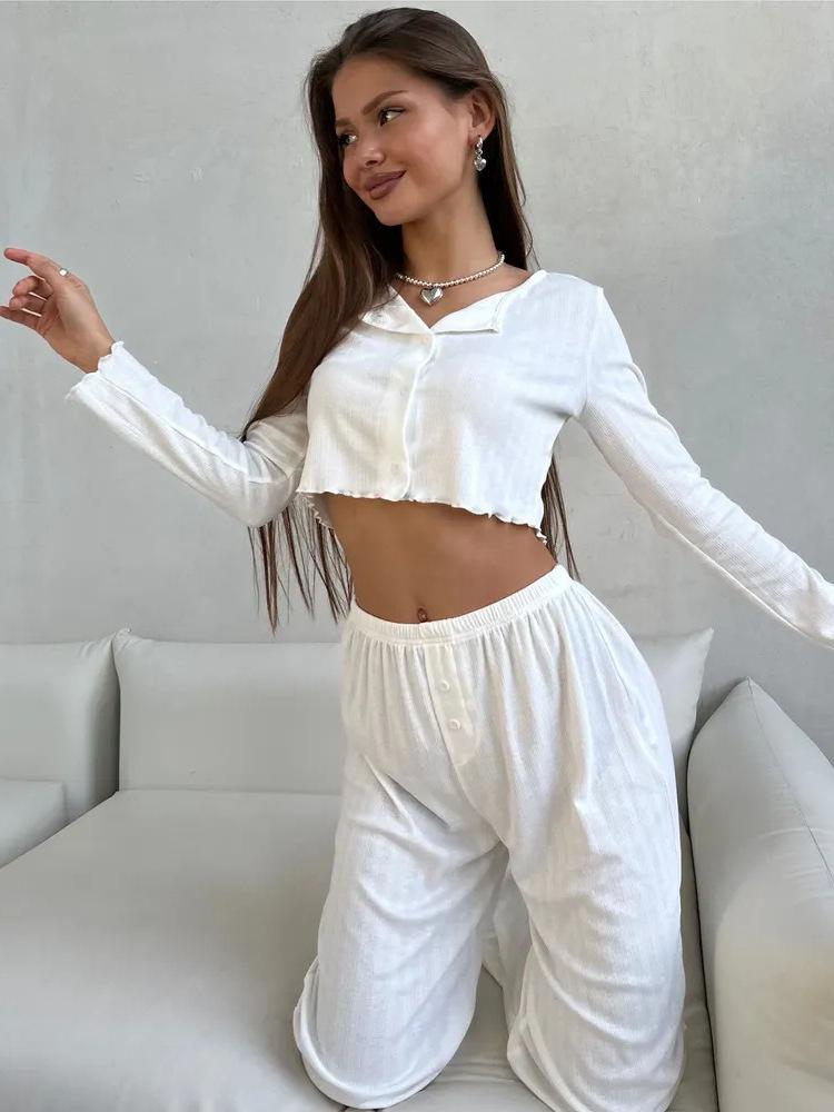 2025 European & American Autumn/Winter Knitted Cotton-Blend Long Sleeve Pant Set for Women
