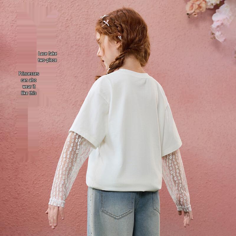 ASK JUNIOR Girls' Faux Layered Lace Bow Long Sleeve T-Shirt