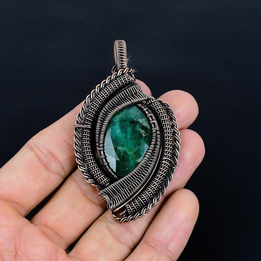 Emerald Pendant, 999 Copper Wire Wrapped Pendant Gemstone Jewelry, Handmade Pendant Amazing Jewelry, Gift For Her