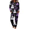 Women's Casual Pajama Set with Long Sleeve Round Neck and Drawstring Wide Leg Pants for Sleep and