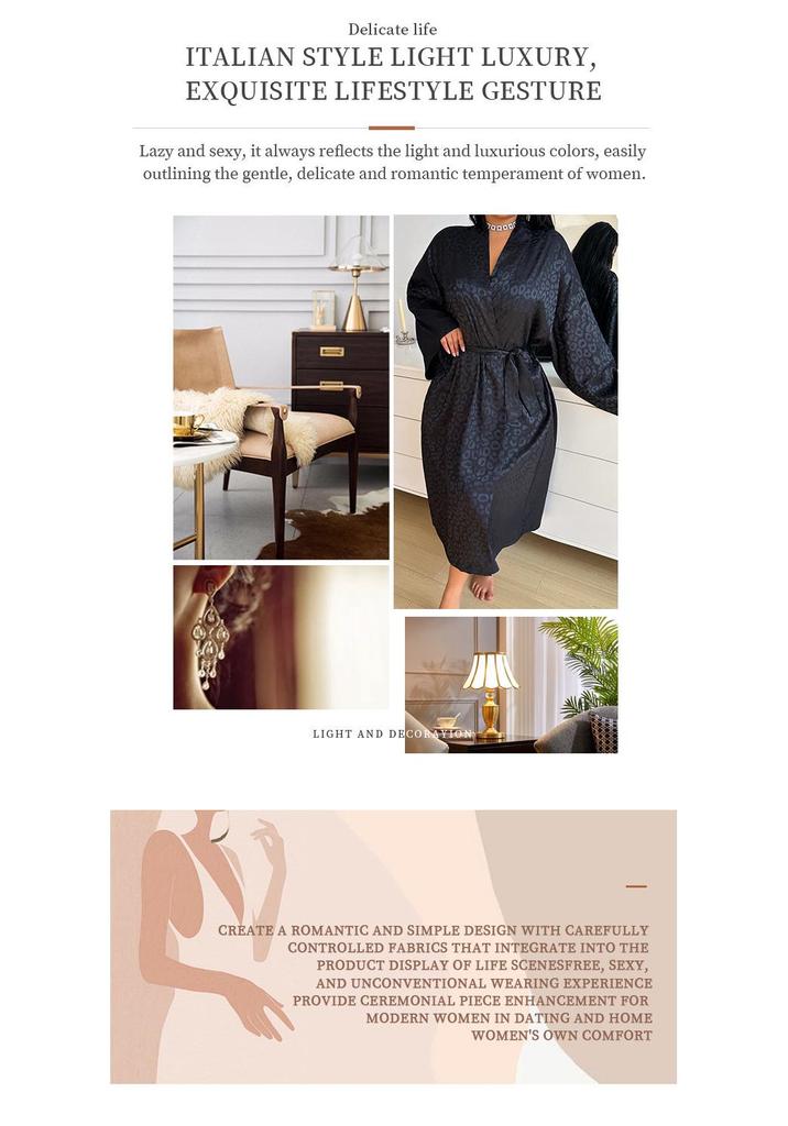 Cross-Border Ice Silk Lace-Up Long Sleeve Printed Bathrobe & Pajama Set