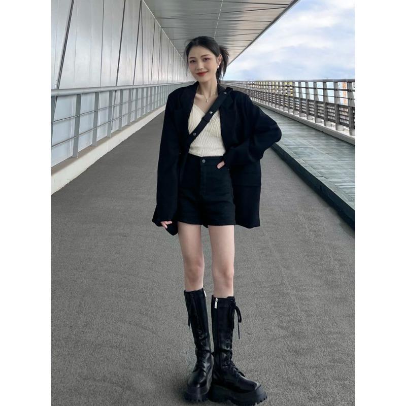 Damen Schicker Schwarzer Blazer Frühling Herbst Lässig Locker Geschnitten Slim Koreanischer Stil Kleine Größe Trendige Jacke