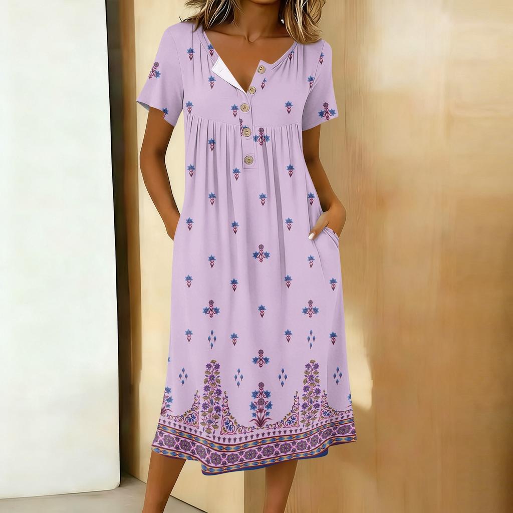 Dámské módní retro tištěné kulatý výstřih krátký rukáv knoflíky střední délka ležérní šaty