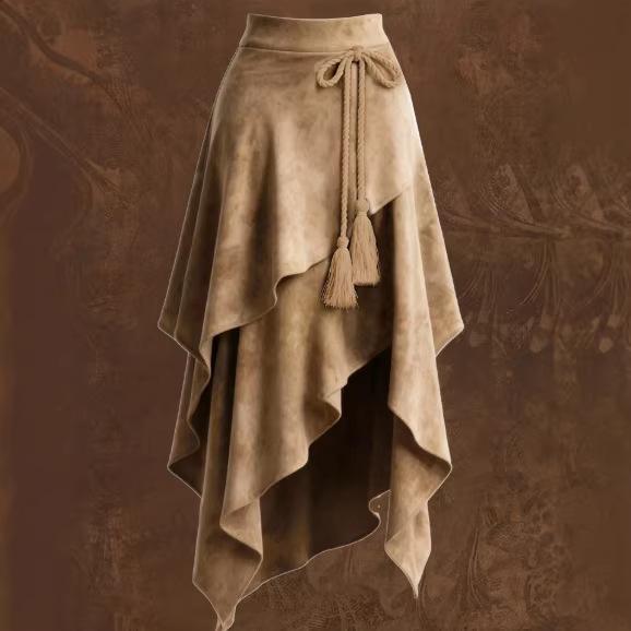 Women's Western Style Suede Asymmetric High Waist Midi Skirt with Tie Waist
