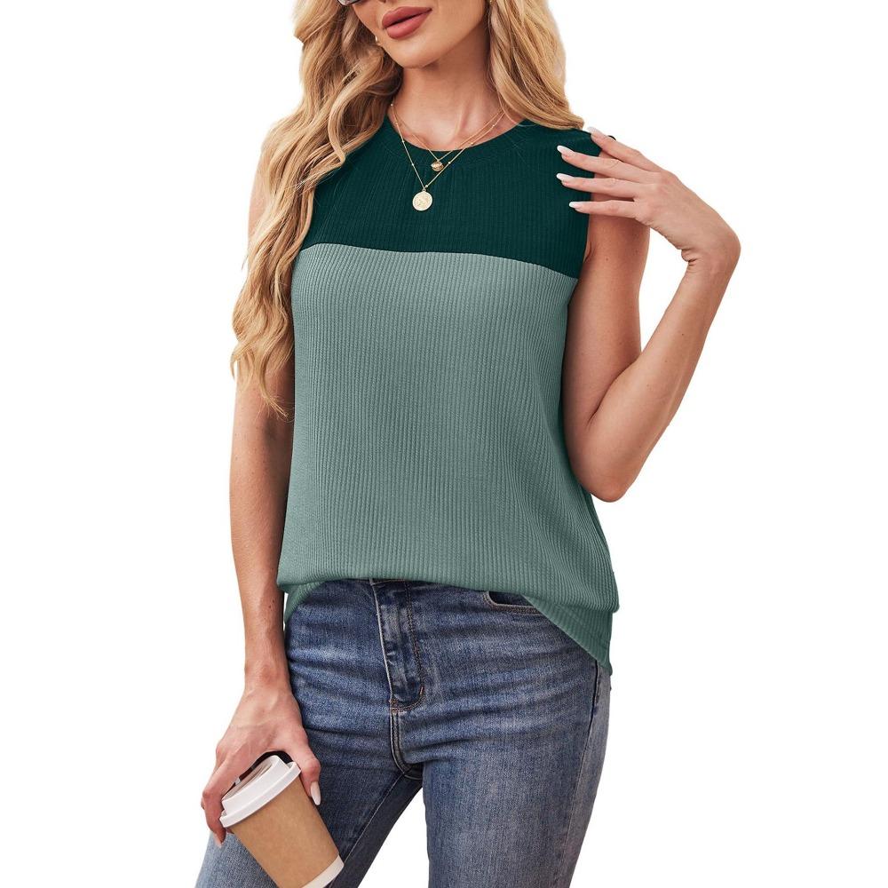 Women's Summer New Round Neck Color Blocked Sleeveless Top Short Sleeved Comfortable Vest