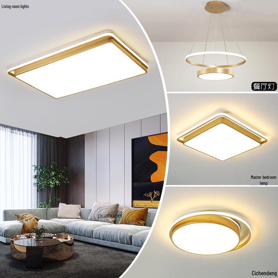 Gold Rectangular Ceiling Lamp Set for Living and Bedrooms
