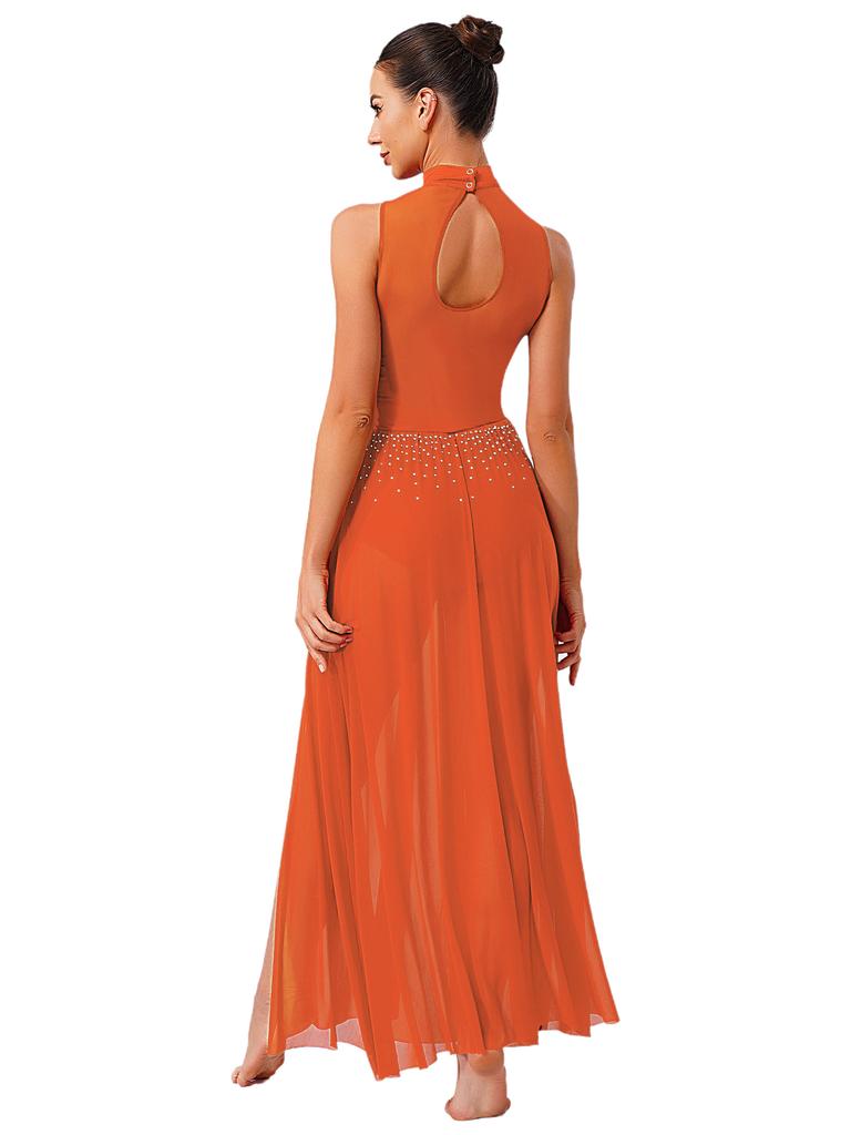 Womens Sparkly Lyrical Performance Dress Back Keyhole Leotard Sheer Mesh Details Slit Hem Modern Dance Costume