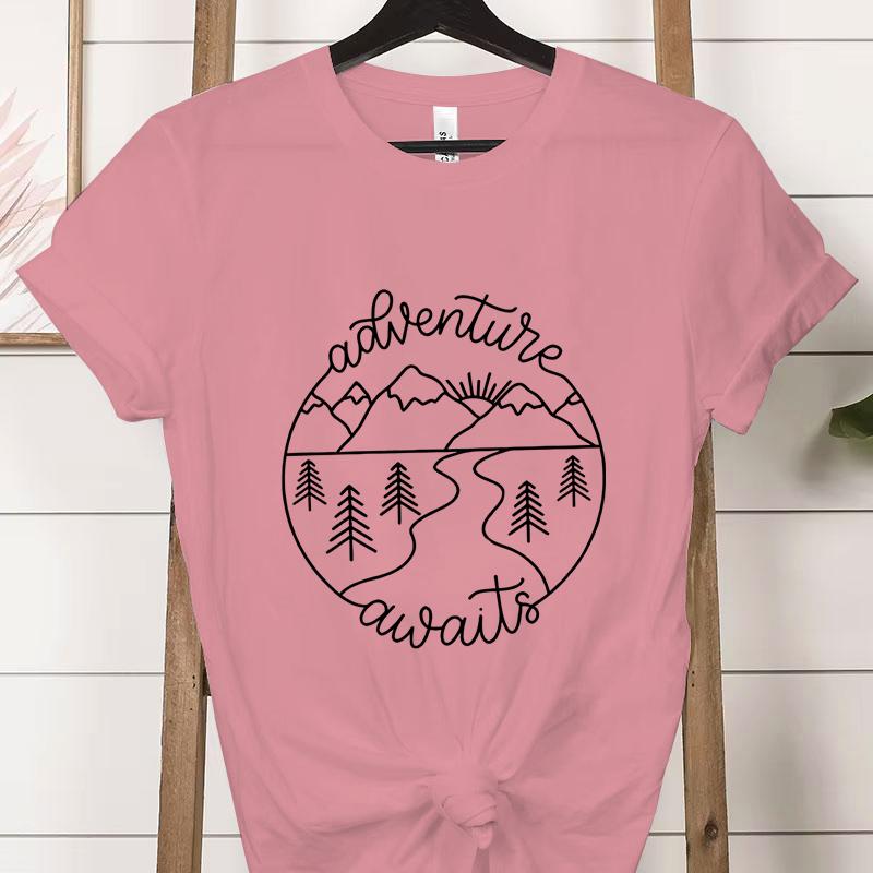 Adventure Awaits Outdoor Graphic T Shirts Women Mountain Nature Lover Gift Crew Neck Short Sleeve Tshirt Adventure Classic Tops