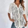 Women V Neck Half Button Floral Print Eyelet Embroidery Short Sleeve Casual Blouse